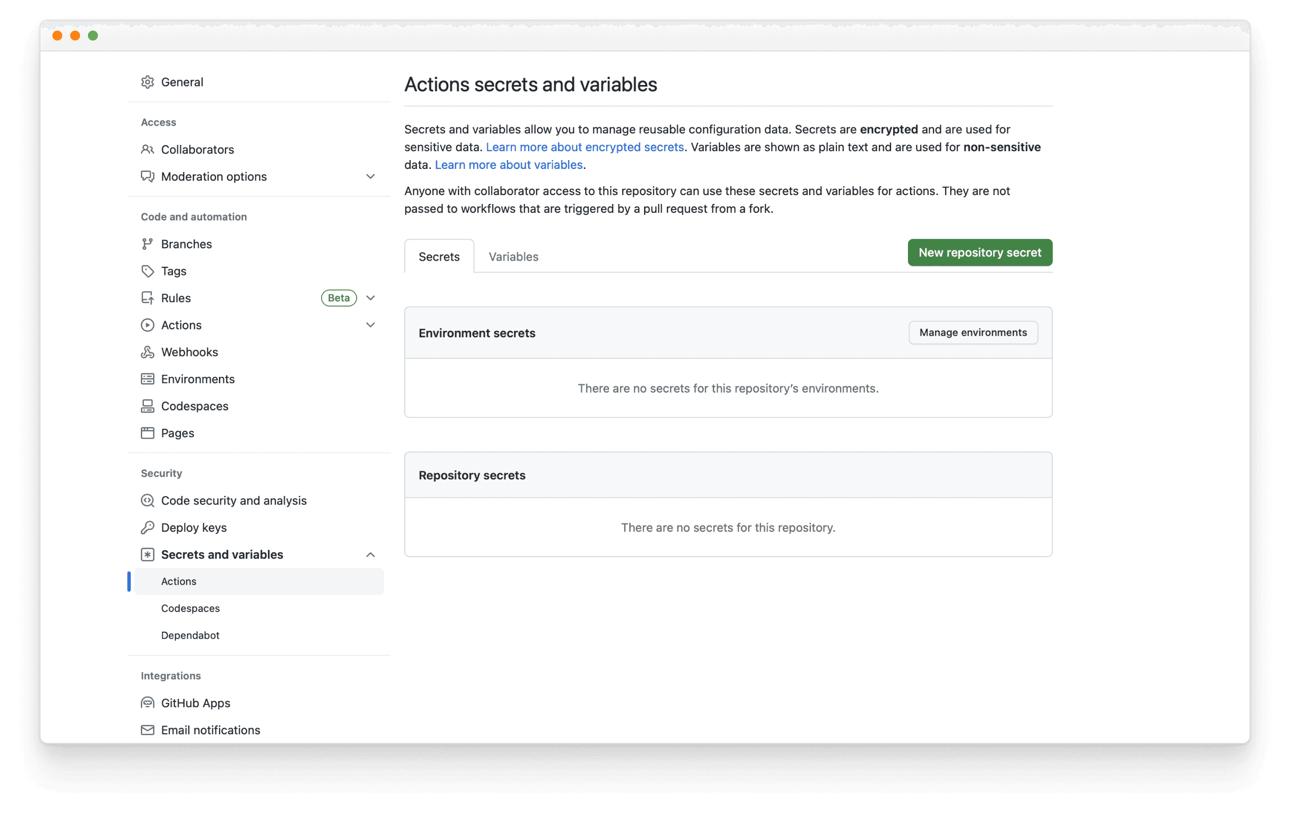 GitHub secrets page